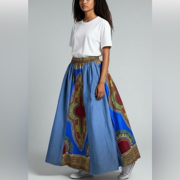 Dashiki Dresses & Skirts - Handmade Dashiki & Denim Paneled Maxi Skirt - OS